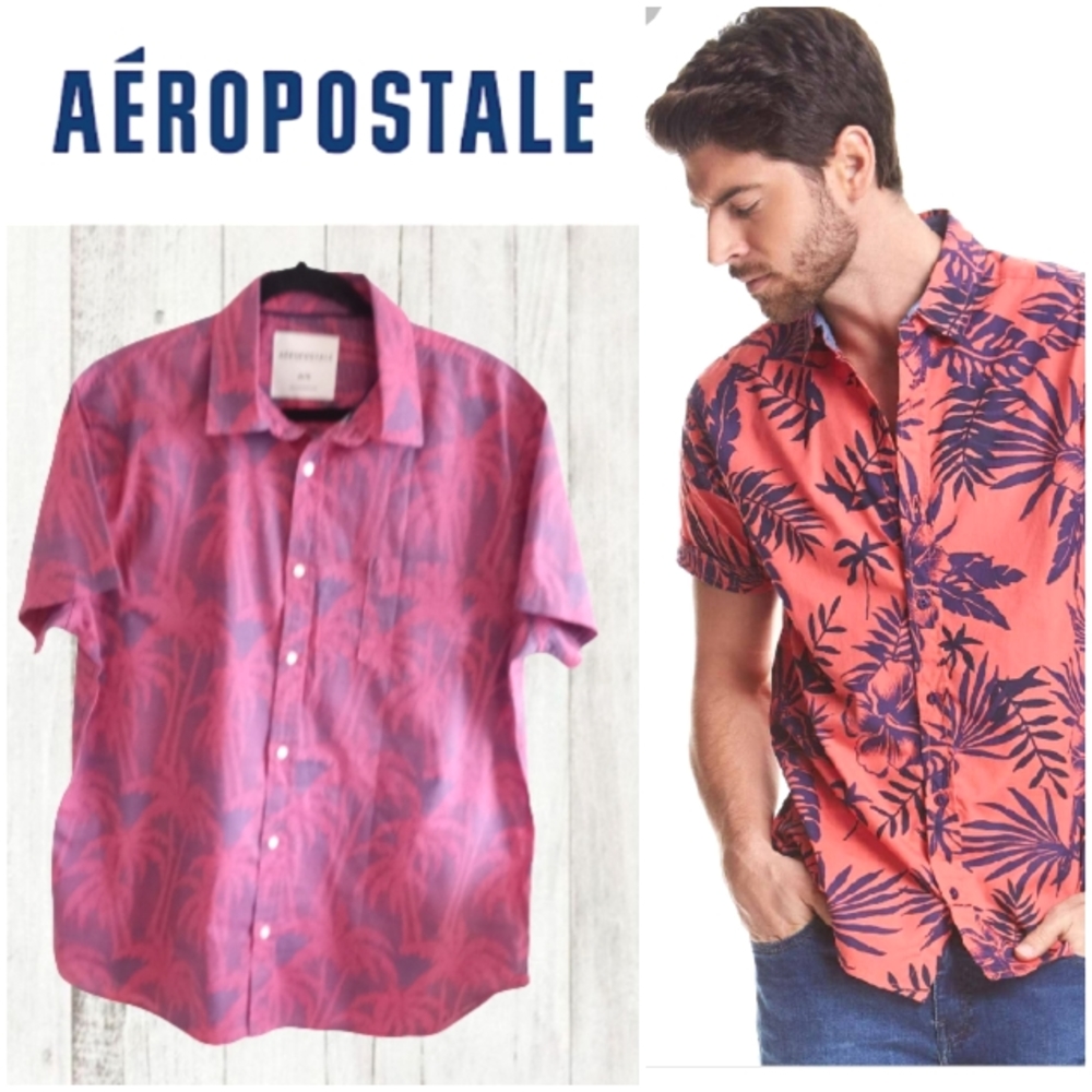 Aeropostale Pink/Blue Tropical Palms Print Buttons Down Shirt Sz XL